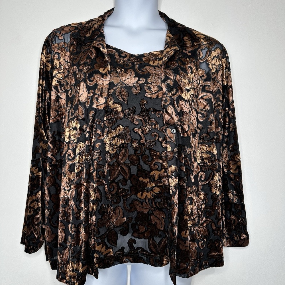 Coldwater Creek Velvet Burnout Shirt Tank Set‎ Black Brown XL